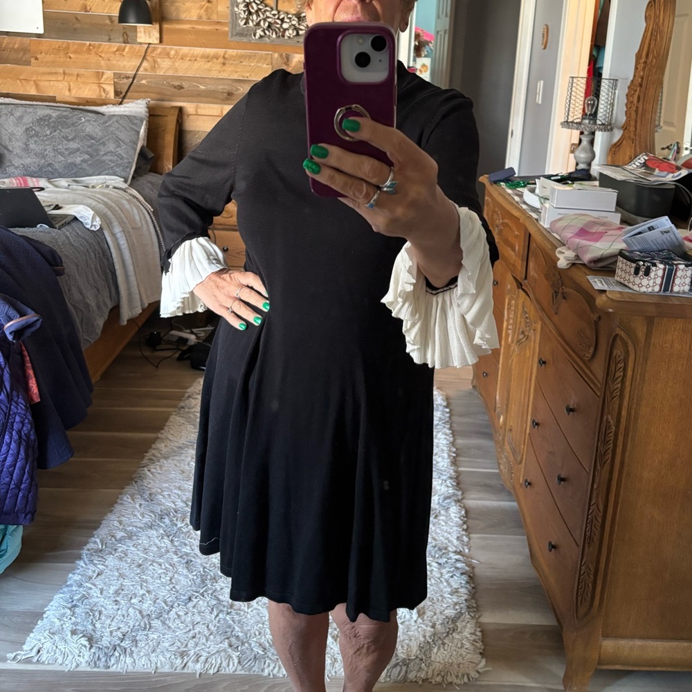 CeCe Black Dress with White Pleated Cuff Detail
